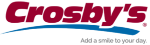 Crosbys logo with Crosbys in bold red letters above a blue swoosh. Below, gray text reads Add a smile to your day. on a light background.