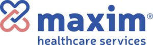 The Maxim Healthcare Services logo features a stylized heart design in blue and red, followed by the company name maxim in bold blue letters, with healthcare services in smaller blue text below.
