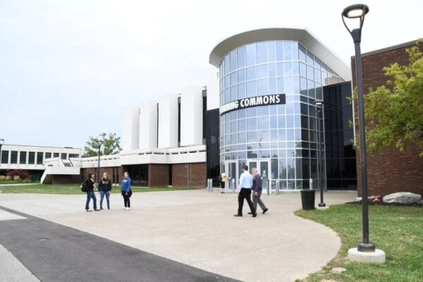 The exterior of the Learning Commons during the day.