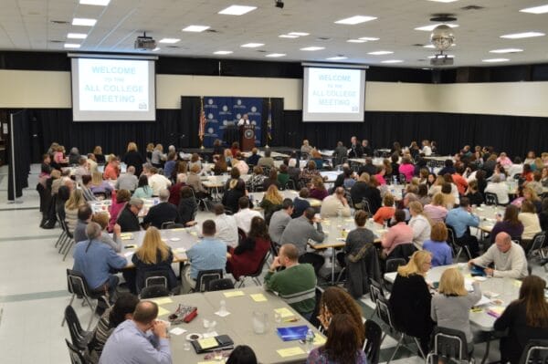 The Bi-Annual All College Meeting in the Banquet Hall.