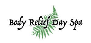 Body Relief Day Spa written in a decorative black font, with two overlapping green fern leaves behind the text on a light gray background.