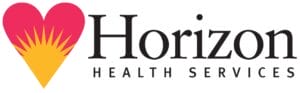 Logo for Horizon Health Services featuring a red heart with a yellow sunrise at the bottom, next to the words Horizon Health Services in black and gray text.