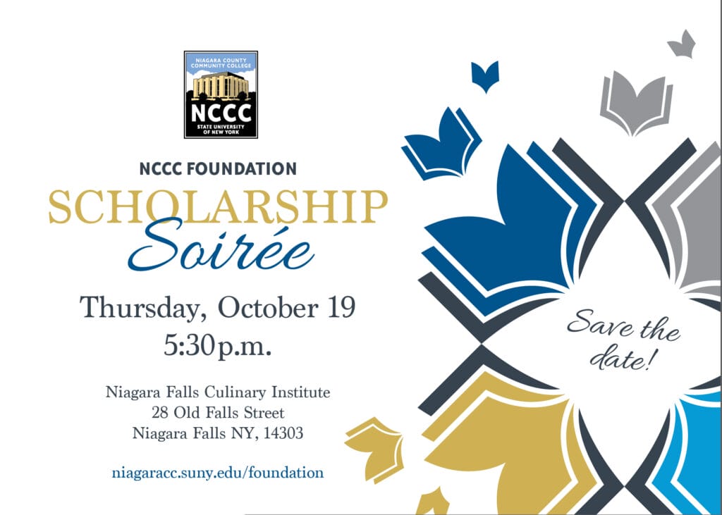 Invitation for the NCCC Foundation Scholarship Soirée on Thursday, October 19 at 5:30 p.m., held at Niagara Falls Culinary Institute. Blue and gold abstract designs, with a Save the date! message on the right.