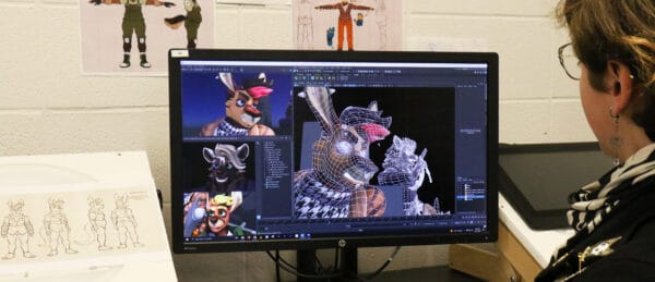 3-D animations being created on a computer screen.