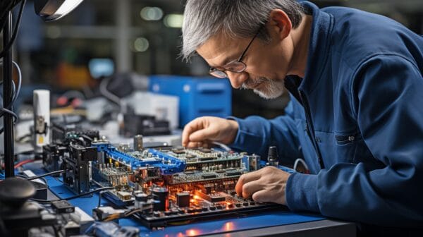 An electronics engineer debugs hardware product flaws