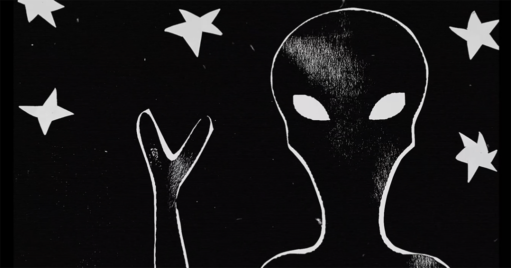 The Hamiltones Movie Thumbnail - Black and white illustration of an alien's face amongst the stars