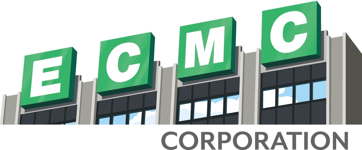 Illustration of a building with four green signs on the roof displaying the white letters E, C, M, and C. Below the building, the word CORPORATION is written in gray capital letters.