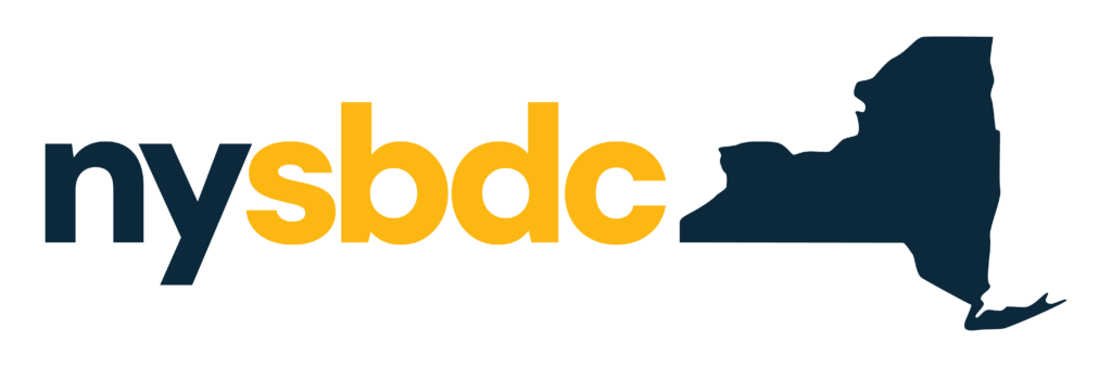 Logo with the text nysbdc in black and gold letters, next to a solid dark silhouette of New York—representing the Small Business Development Center at SUNY Niagara: Your Partner in Business Success.