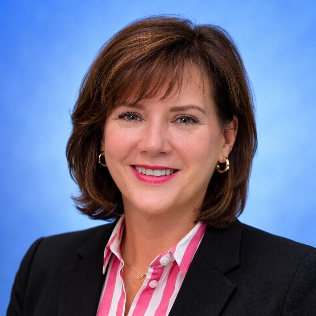 A woman with short brown hair, wearing a black blazer over a pink and white striped shirt, smiles at the camera against a blue background.