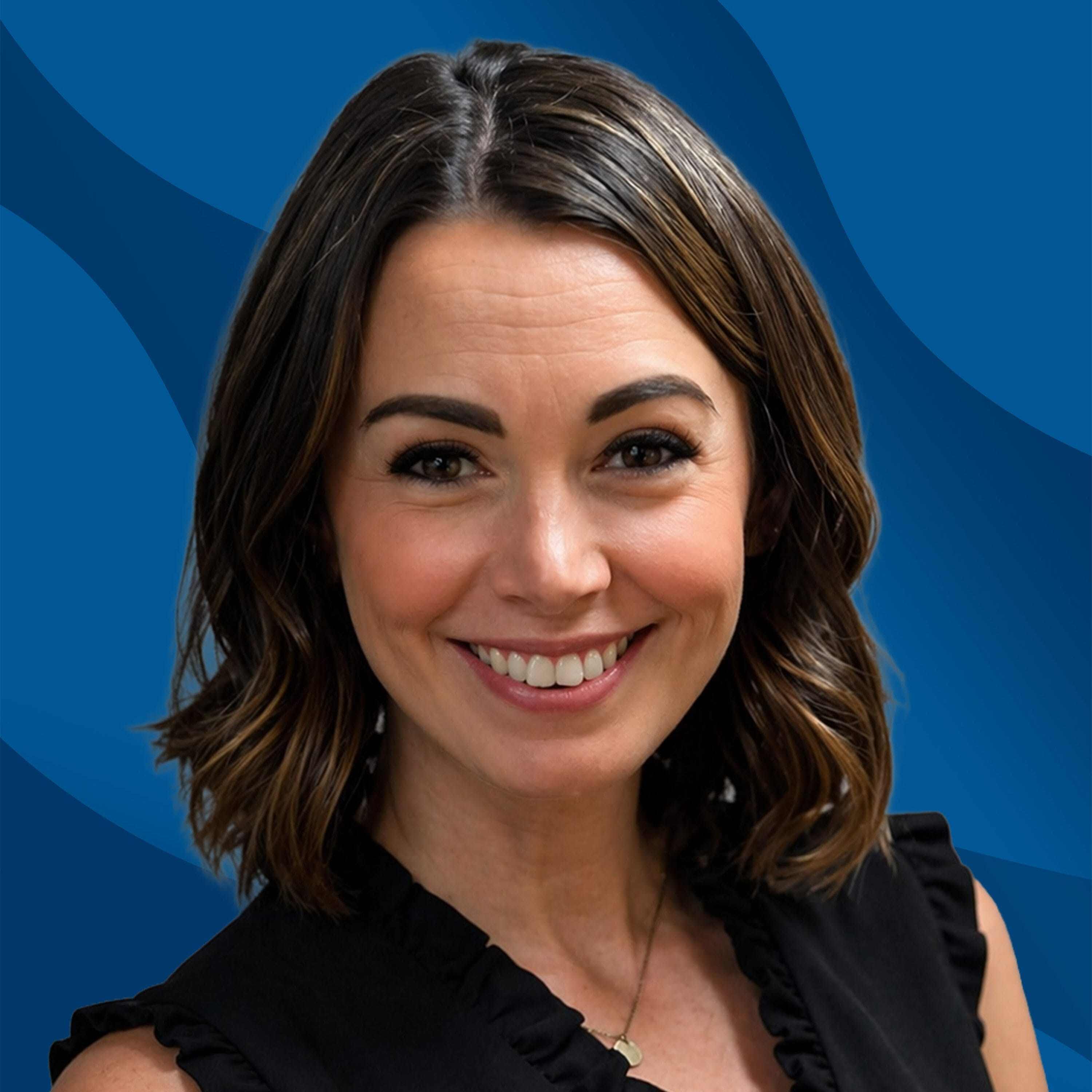 A woman with shoulder-length brown hair and a black sleeveless top smiles in front of a blue, wavy-patterned background.