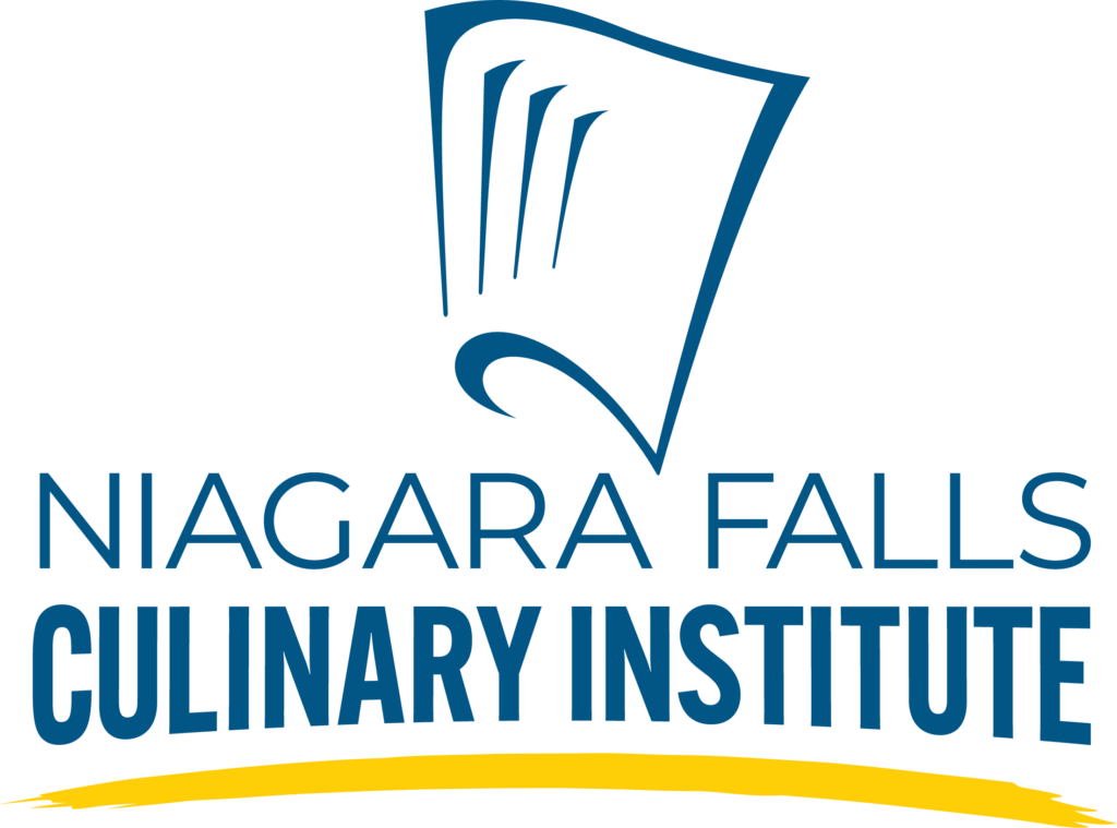 Yellow and Blue Niagara Falls Culinary Institute logo with chefs hat.