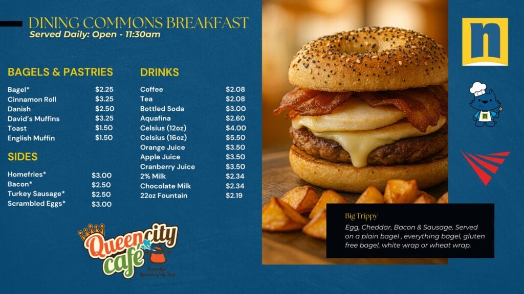 Blue-colored SUNY Niagara Dining Commons menu panel with bright yellow text listing breakfast options; alongside, a close-up photograph of a golden-brown breakfast sandwich—likely with egg and cheese—set against a neutral background