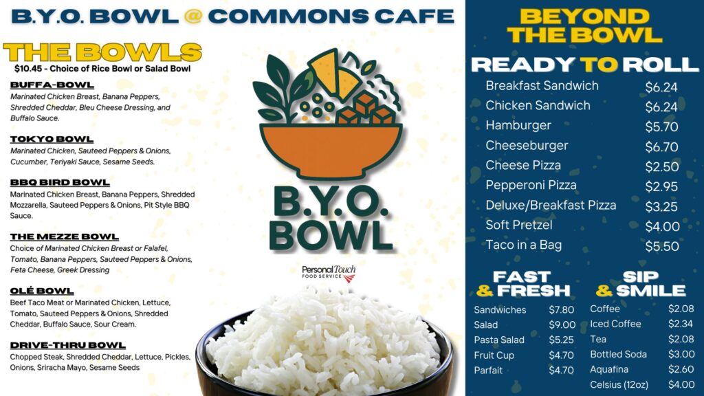 Commons Café ‘B.Y.O. Bowl’ menu panel featuring a light speckled background. At the top left, a bold title ‘THE BOWLS’ ($10.45 for rice or salad bowl) lists six customizable bowl options—Buffa-Bowl (marinated chicken, banana peppers, cheddar, bleu cheese dressing, buffalo sauce); Tokyo Bowl (marinated chicken, sautéed peppers & onions, cucumber, teriyaki sauce, sesame seeds); BBQ Bird Bowl (marinated chicken, banana peppers, mozzarella, sautéed peppers & onions, BBQ sauce); The Mezze Bowl (choice of chicken or falafel, tomato, banana peppers, sautéed peppers & onions, feta, Greek dressing); Olé Bowl (beef taco meat or marinated chicken, lettuce, tomato, sautéed peppers & onions, cheddar, buffalo sauce, sour cream); and Drive-Thru Bowl (chopped steak, cheddar, lettuce, pickles, onions, sriracha mayo, sesame seeds). The center features a stylized graphic of a bowl of rice. On the right, a section titled ‘BEYOND THE BOWL’ introduces ‘READY TO ROLL’ grab-and-go items with prices—breakfast sandwich $6.24; chicken sandwich $6.24; hamburger $5.70; cheeseburger $6.70; cheese pizza $2.50; pepperoni pizza $2.95; deluxe/breakfast pizza $3.25; soft pretzel $4.00; taco in a bag $5.50. Below, ‘FAST & FRESH’ offers sandwiches $7.80; salad $9.00; pasta salad $5.25; fruit cup $4.70; parfait $4.70. Finally, ‘SIP & SMILE’ beverage options include coffee $2.08; iced coffee $2.34; tea $2.08; bottled soda $3.00; Aquafina water $2.60; and Celsius (12 oz) energy drink $4.00.