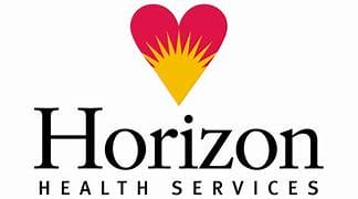 Logo for Horizon Health Services featuring a red heart with a yellow sunrise inside, positioned above the company name in black text: Horizon Health Services.