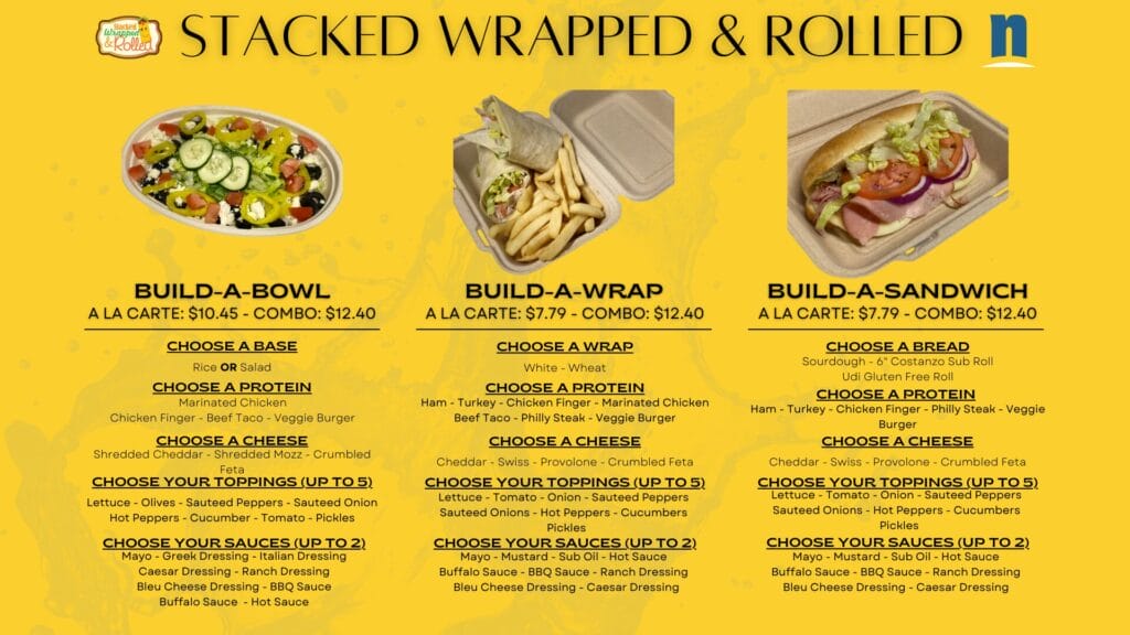A bright yellow SUNY Niagara Dining Commons menu titled ‘Stacked, Wrapped & Rolled,’ featuring stylized images of a wrap and sandwich, advertising build-your-own options for bowls, wraps, and sandwiches.