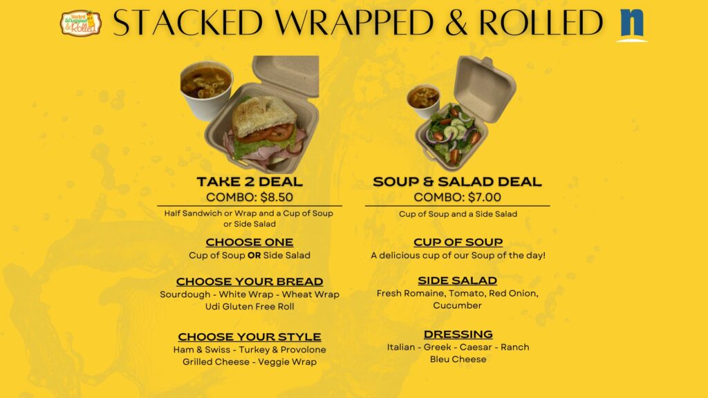 A bright yellow SUNY Niagara Dining Commons menu titled ‘Stacked, Wrapped & Rolled,’ featuring stylized images of a wrap and sandwich, advertising build-your-own options for bowls, wraps, and sandwiches.