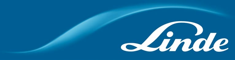 Linde logo with a white, cursive Linde text on a blue background, featuring a soft, sweeping light blue wave above the text.