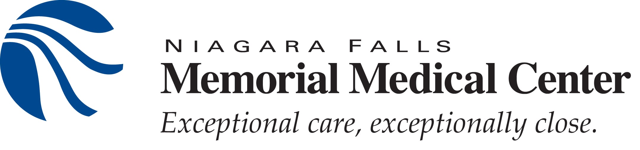 Logo of Niagara Falls Memorial Medical Center with a blue abstract design on the left and the tagline “Exceptional care, exceptionally close” beneath the center’s name.