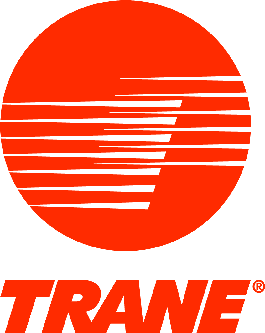 Red Trane logo featuring a large red circle with horizontal white lines creating a stylized T shape, above the word TRANE in bold red letters.