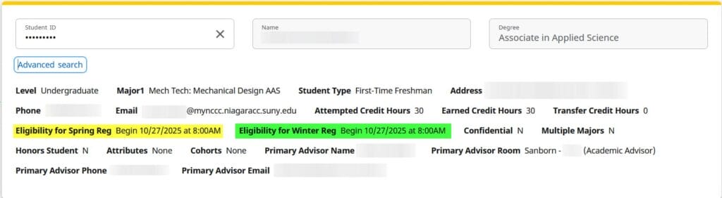 Screenshot of a college student portal showing student information and highlighted text for Spring and Winter registration eligibility, both beginning on 10/23/2023 at 8:00 AM. Personal details are blurred for privacy.