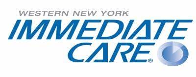 Logo for Western New York Immediate Care, featuring blue italicized text with a circular graphic on the right side.