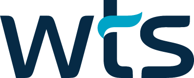 Logo with the lowercase letters wts in dark blue. The top of the t has a blue curved line extending to the right, blending into the upper part of the s. The background is light gray.