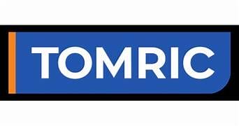 Logo with the word TOMRIC in bold white letters on a blue rectangular background, bordered by a thin orange vertical line on the left and a black outline.