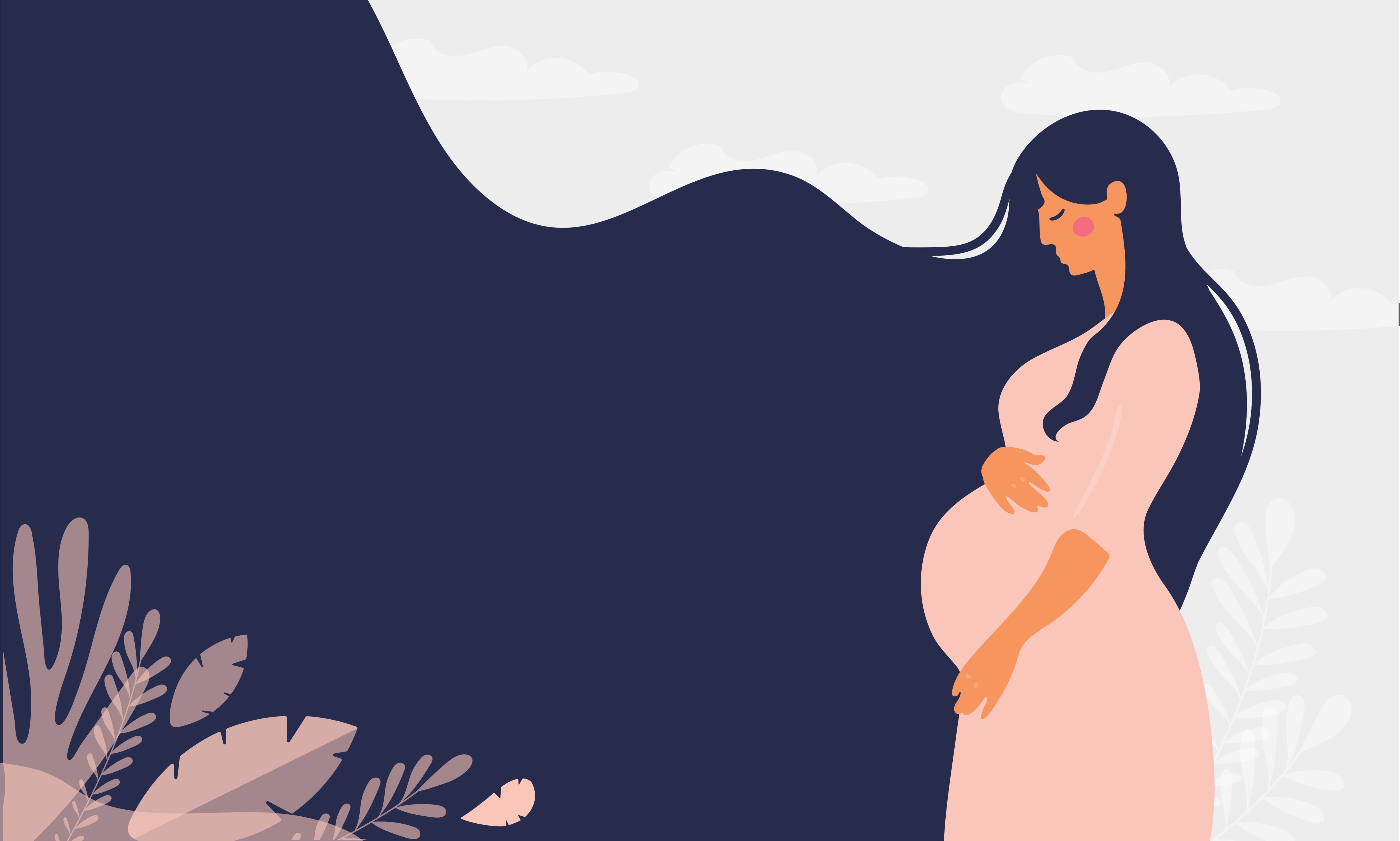 Illustration of a pregnant woman in a pink dress with long dark hair, gently holding her belly, standing among abstract plants with a calm backdrop—representing support like SUNY Niagara Student Basic Needs Resources.