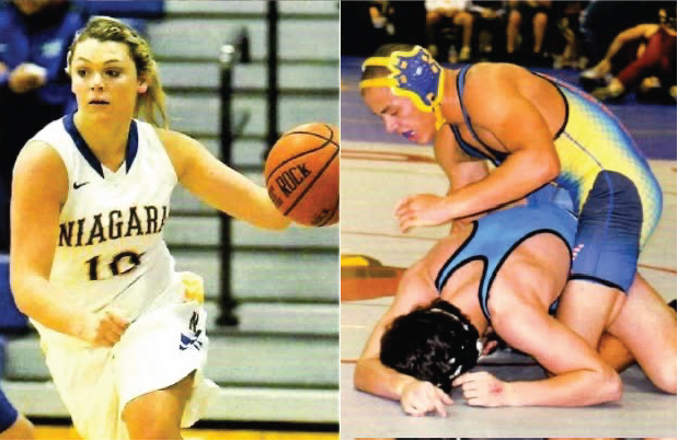 Split image: On the left, a female basketball player in a white Niagara jersey dribbles a basketball. On the right, two male wrestlers in singlets compete on a mat, with one pinning the other down.