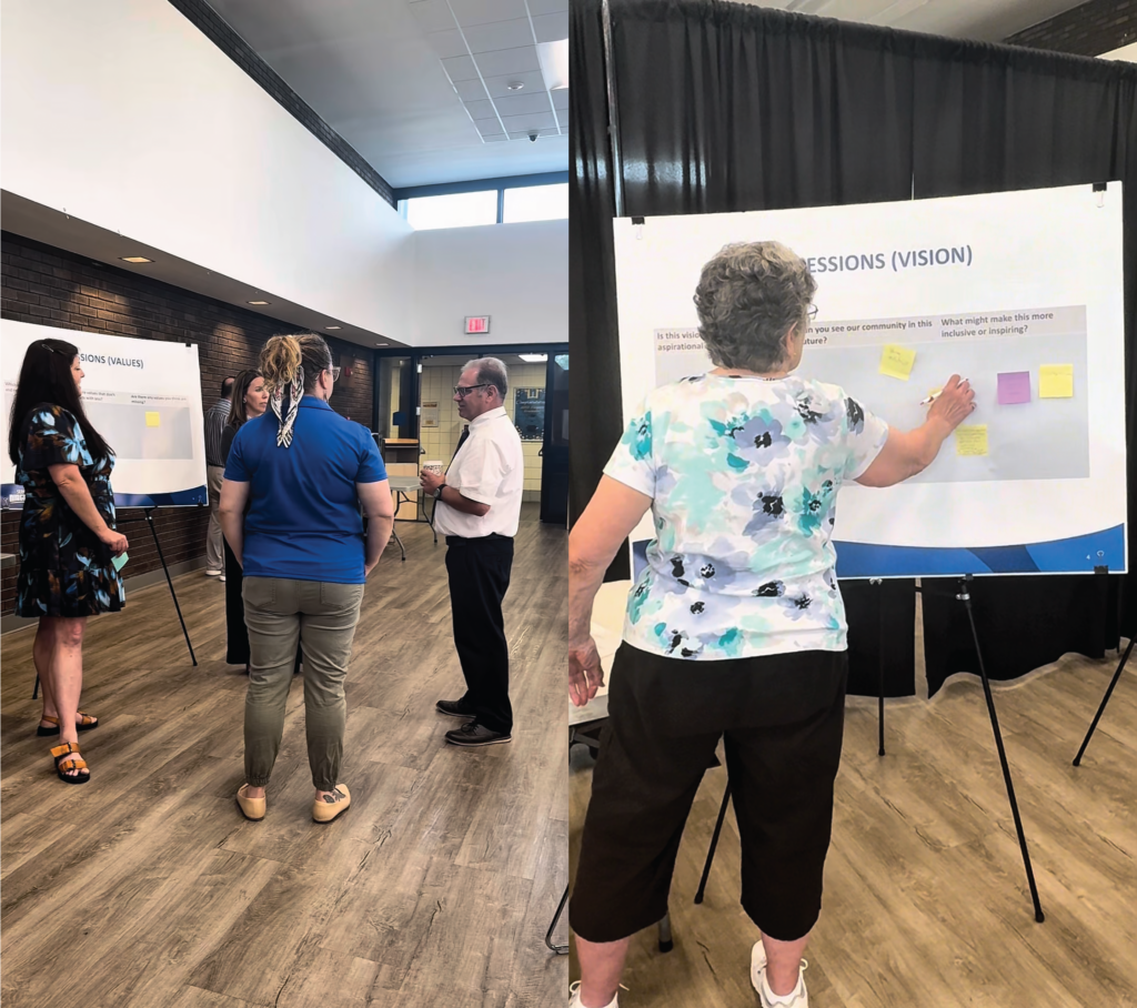 Two combined images: On the left, four adults stand in a brightly lit room, discussing ideas near a display board. On the right, a woman places a sticky note on a poster board labeled SESSIONS (VISION).