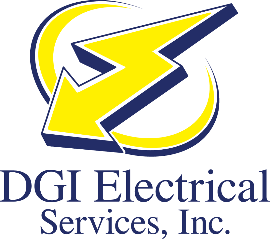 Logo for DGI Electrical Services, Inc. featuring a bold yellow lightning bolt with a blue outline, partially encircled by a yellow swoosh, above the company name in blue text.