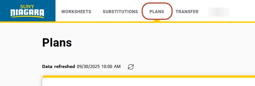 A screenshot of the SUNY Niagara website showing the Plans tab selected. The page heading reads Plans, and the data was last refreshed on 09/30/2025 at 10:00 AM. Other tabs include Worksheets, Substitutions, and Transfer.