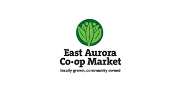 East Aurora Co-op Market logo featuring three green leaves and stylized people in a circle above the name; tagline reads locally grown, community owned.