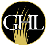 A black circle with a thin gold border features the white letters GHL in the center, with stylized golden grass blades rising from the bottom.