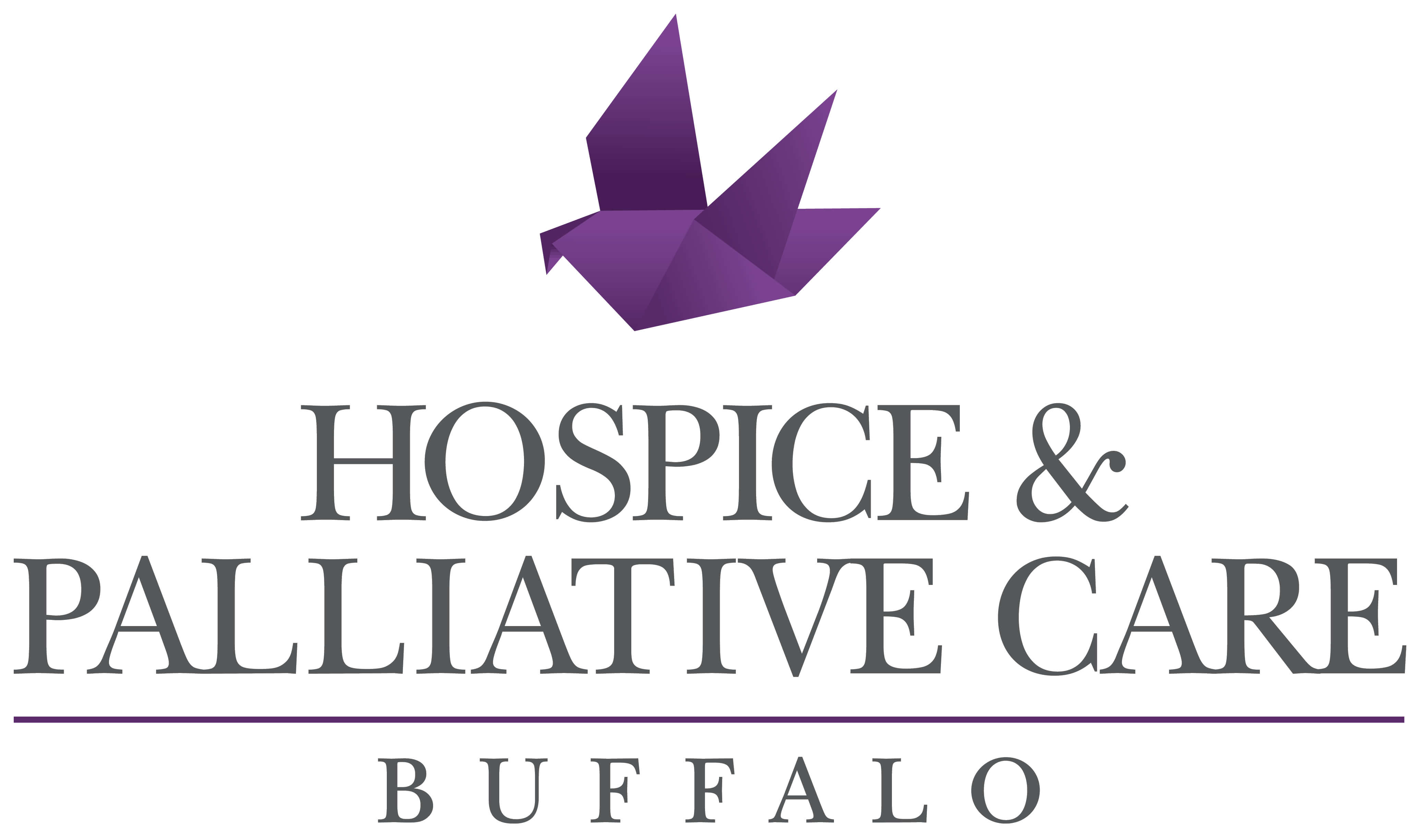 Logo for Hospice & Palliative Care Buffalo featuring a purple origami bird above the organization’s name in gray text.