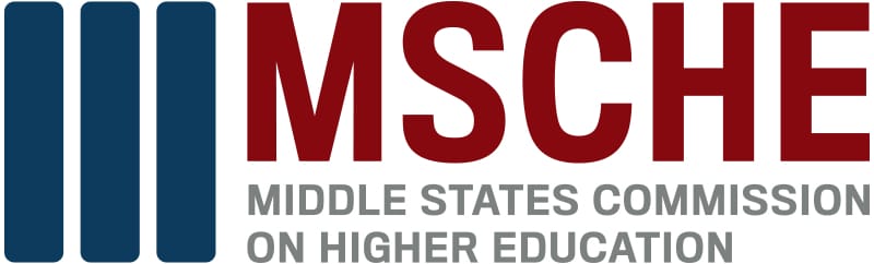 Logo of the Middle States Commission on Higher Education, featuring three vertical blue bars on the left and the acronym MSCHE in large red letters, with the full name in gray below.