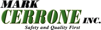 Logo for Mark Cerrone Inc. The text reads MARK CERRONE INC. in black and green letters, with the slogan Safety and Quality First written below in italicized black font.