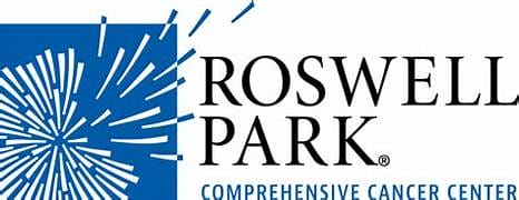 Logo for Roswell Park Comprehensive Cancer Center, featuring a blue abstract burst design on the left and the centers name in bold black letters on the right.