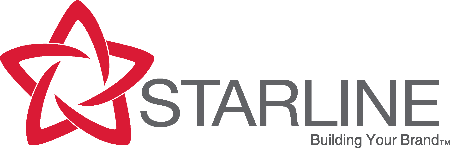 Logo featuring a red, abstract five-pointed star to the left of the word STARLINE in gray, with the tagline Building Your Brand. in smaller gray text below and to the right.