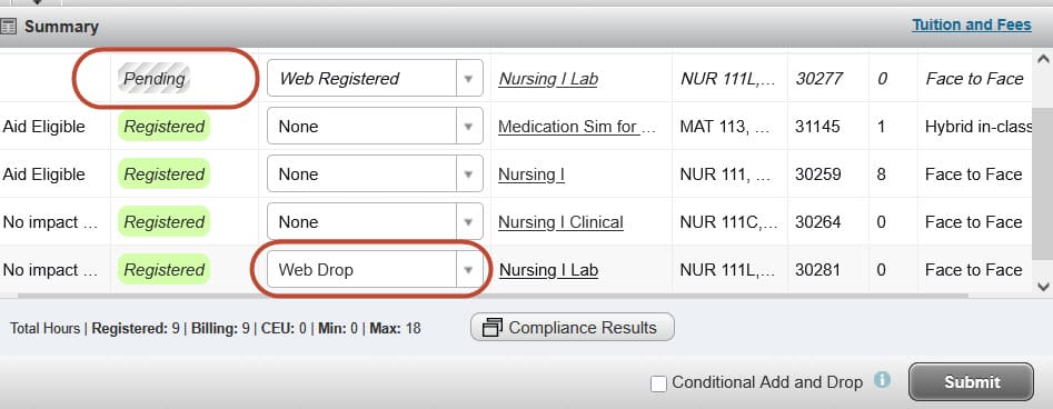 Screenshot of a student course registration page. Two sections are circled: Pending under Aid Status and Web Drop under Registration Status. Several courses are listed with statuses like Registered and Web Registered.