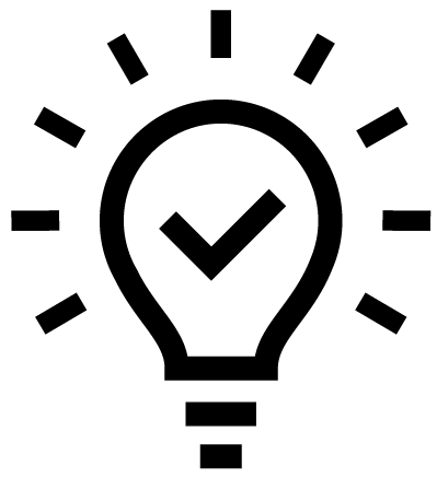 A black outline of a light bulb with a checkmark inside, surrounded by light rays, symbolizing the bright ideas and successful solutions sparked by Workforce Development at SUNY Niagara’s skilled training and certification programs.