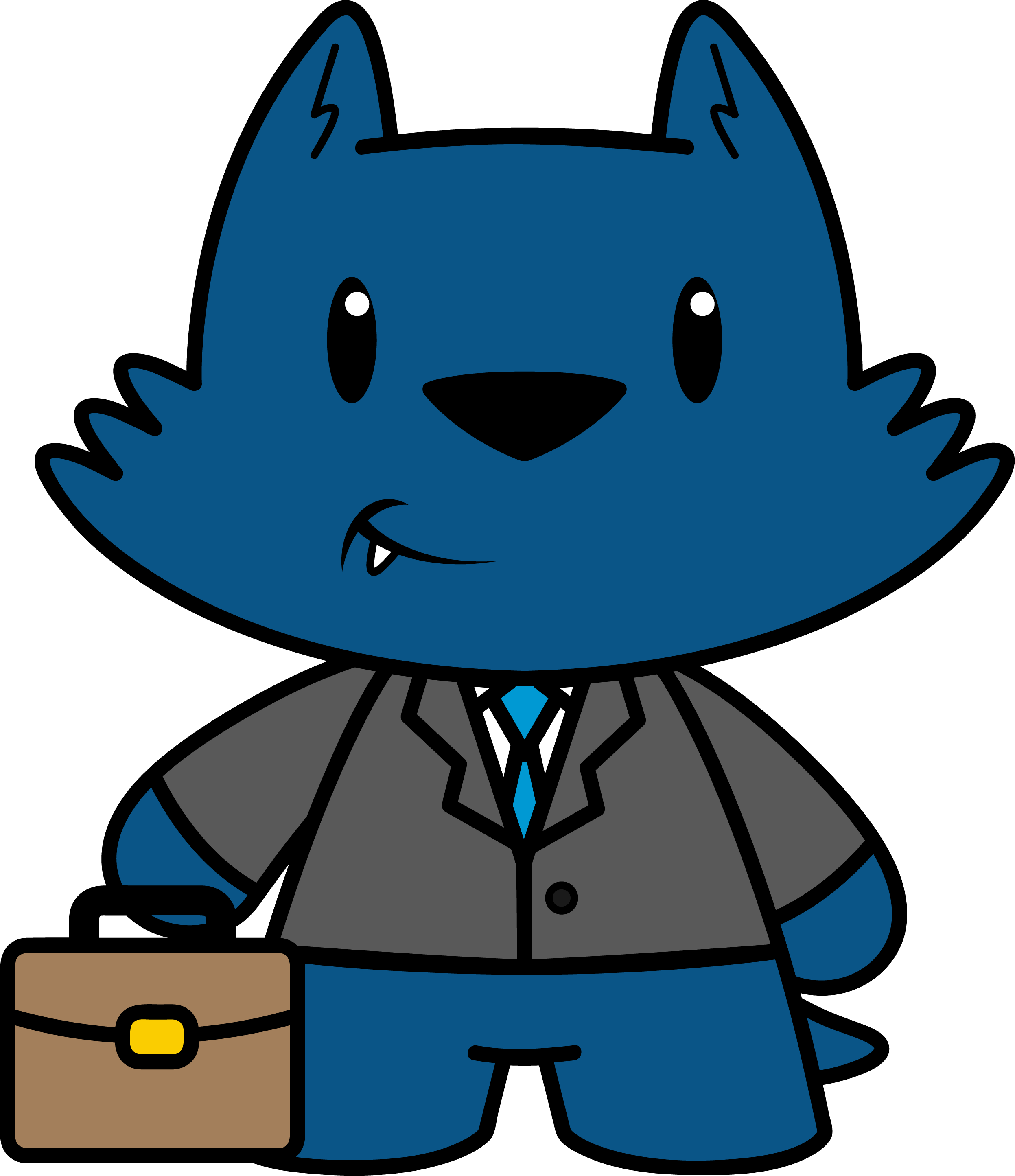 A cartoon blue wolf wearing a gray suit and blue tie, holding a brown briefcase with a small fang showing and a friendly expression—ready to represent Workforce Development at SUNY Niagara: Empowering the Community Through Skilled Training.