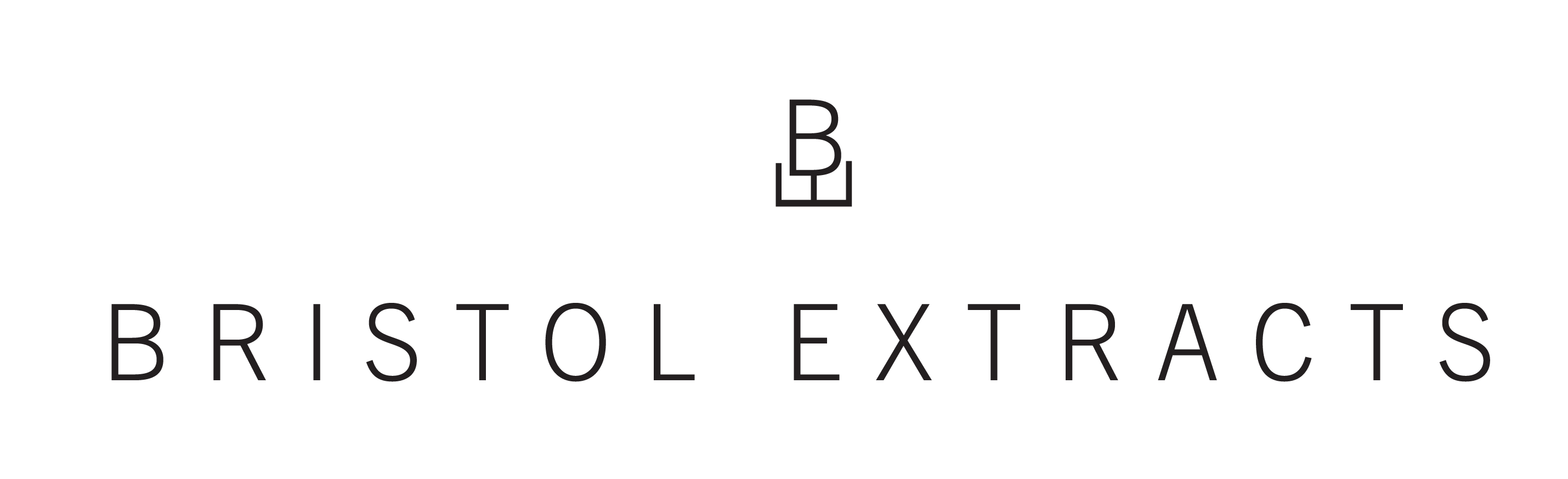 Minimalist logo for Bristol Extracts featuring a stylized BE monogram above the company name in clean, uppercase letters on a white background.