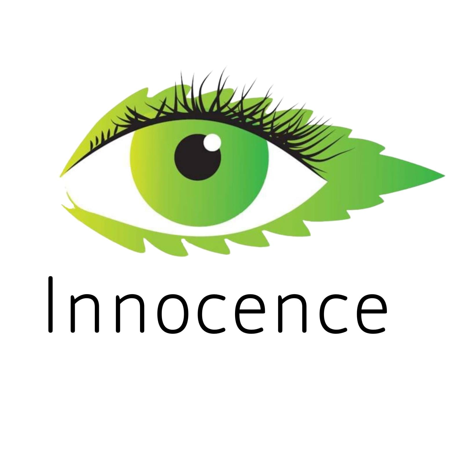 A stylized green eye with leaf-like lashes and iris, above the word Innocence in black text on a white background.