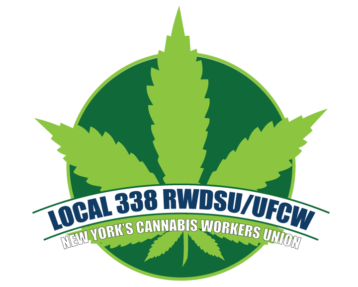 A green cannabis leaf in front of a dark green circle with a banner that reads LOCAL 338 RWDSU/UFCW and NEW YORKS CANNABIS WORKERS UNION.