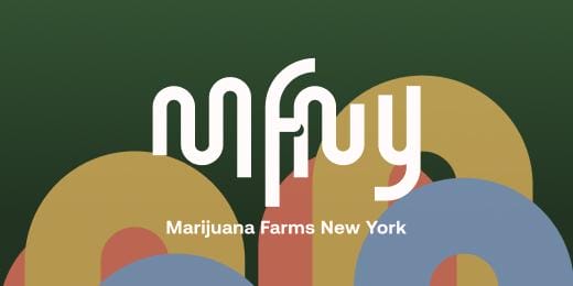 Logo for Marijuana Farms New York, featuring the acronym MFNY in bold white stylized text over abstract shapes in yellow, blue, and orange, set against a dark green background.