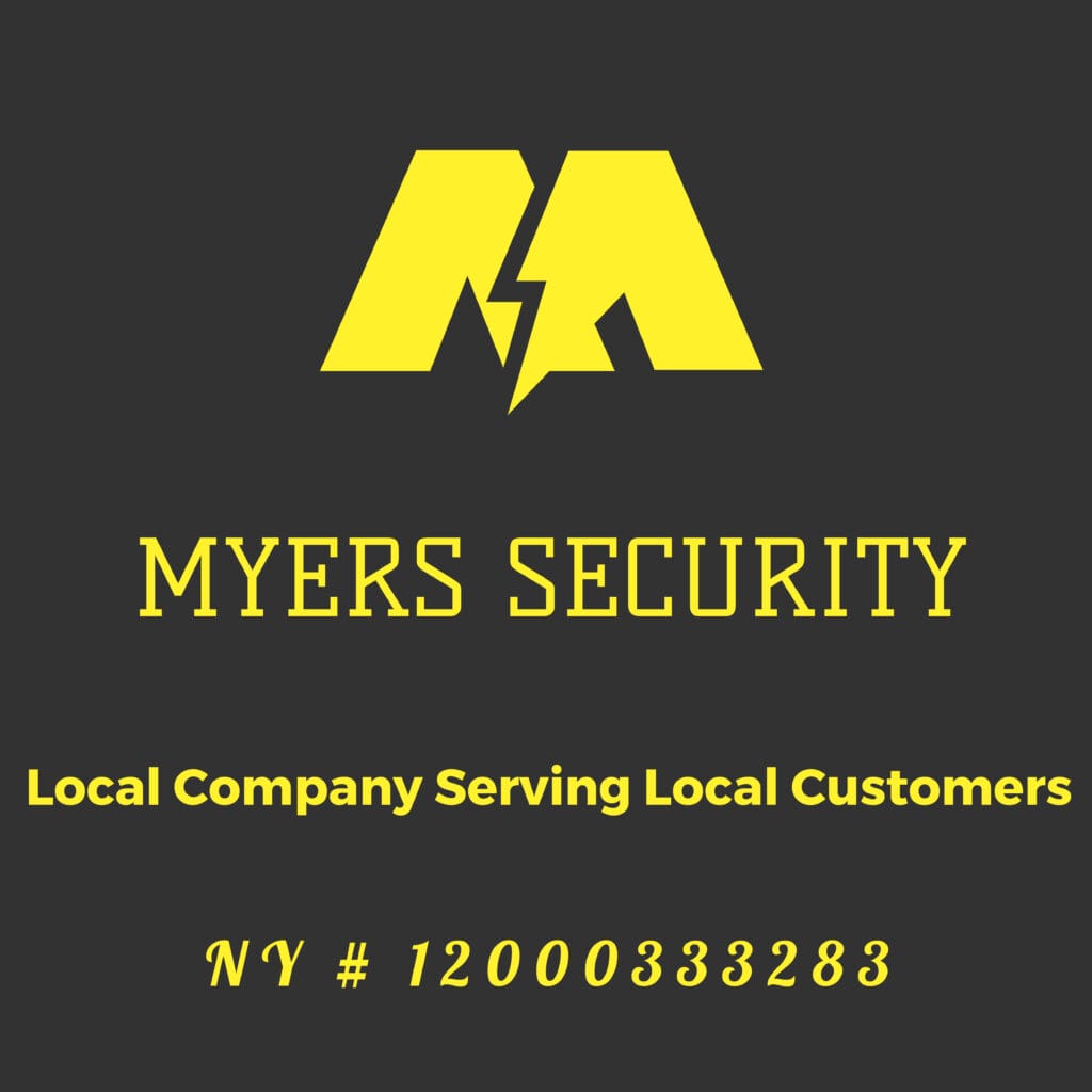 Yellow logo with a stylized M and lightning bolt above the words MYERS SECURITY. Below, it reads: Local Company Serving Local Customers and NY # 12000333283 on a dark background.