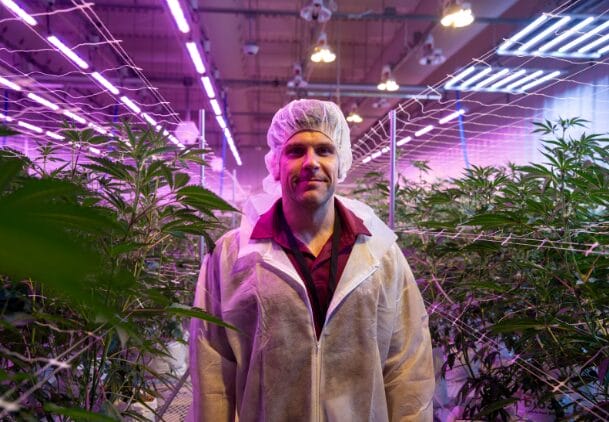A person wearing a white lab coat and hair net stands in an indoor facility surrounded by cannabis plants under purple grow lights.