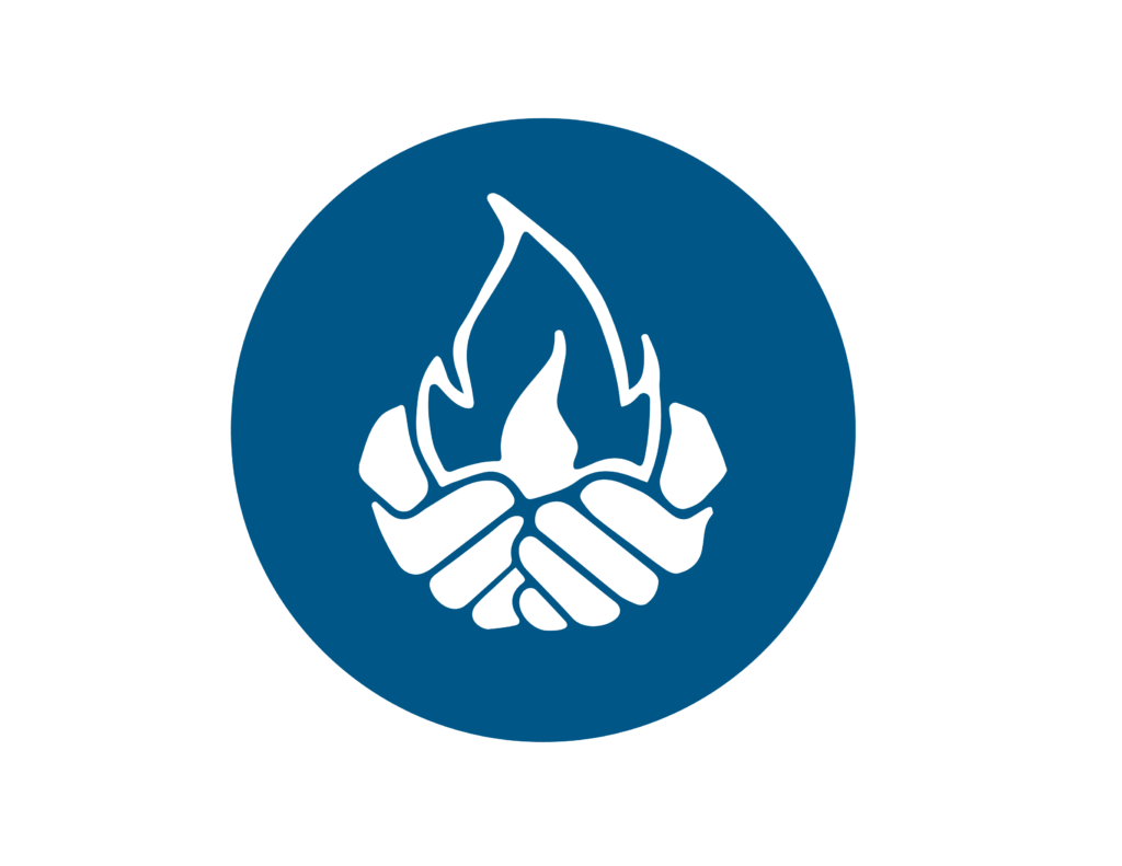 A blue circle with a white icon of two hands gently holding a flame in the center, symbolizing care, protection, or support.