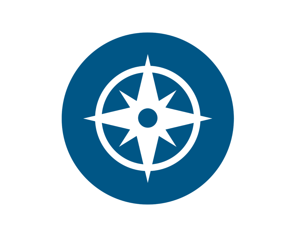 A blue circle with a white compass rose design in the center, featuring four main points and four smaller points between them on a light gray background.